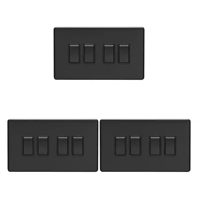 3 PACK Gang Quad Light Switch SCREWLESS MATT BLACK Way 10A Slim Rocker