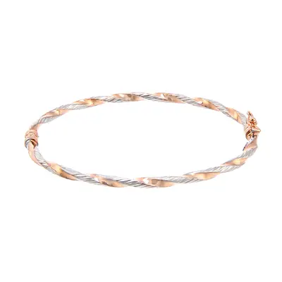 Jewelco London 9ct Rose & White Gold Ribbed Candy Ribbon Twist Bangle Bracelet 6x5cm - BNGAXL160