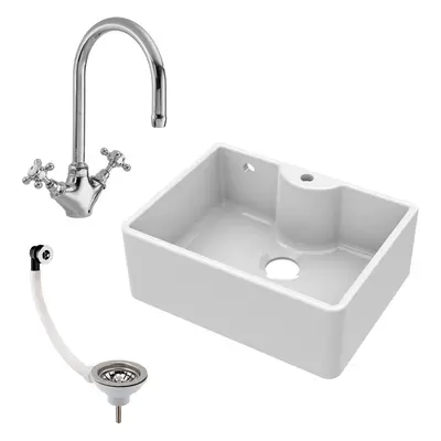 595mm - Fireclay Butler Kitchen Sink - Tap Ledge, Overflow, Tap & Waste