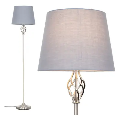 Traditional Style Satin Nickel Barley Twist Floor Lamp with a Grey Tapered Light Shade