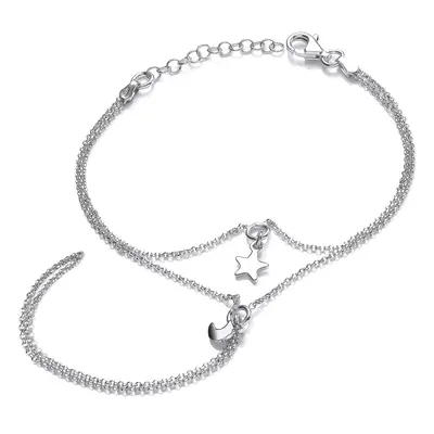 Jewelco London Ladies Rhodium Plated Sterling Silver Star Moon Charms Finger Ring Hand Chain Har