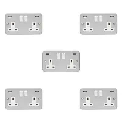 5 PACK Gang 13A Switched UK Plug Socket & 2.1A USB-A HEAVY DUTY METAL CLAD