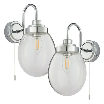 2 PACK IP44 Bathroom Wall Light Chrome & Round Clear Glass Curved Arm Oval Lamp