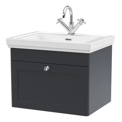 Traditional Wall Hung Drawer Vanity Unit with Tap Hole Fireclay Basin, 600mm - Soft Black