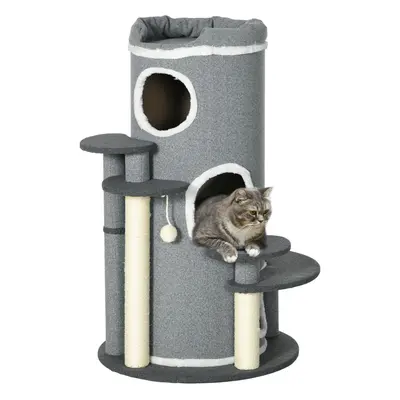 PawHut Barrel Shaped Cat Tree for Indoor Cats with Sisal Scratching Posts, Grey