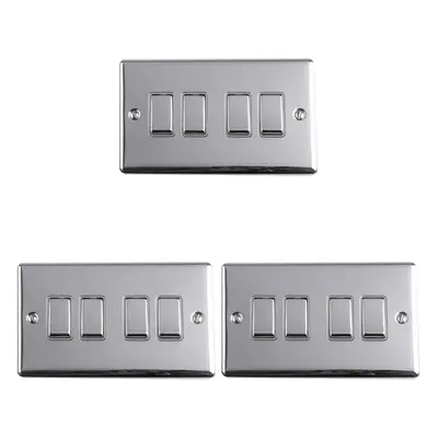 3 PACK Gang Quad Metal Light Switch POLISHED CHROME Way 10A GREY Trim