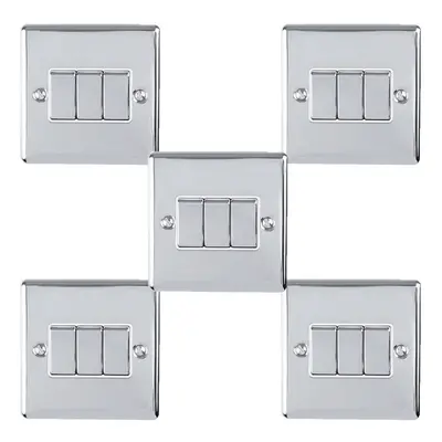 5 PACK Gang Triple Metal Light Switch POLISHED CHROME Way 10A White Trim