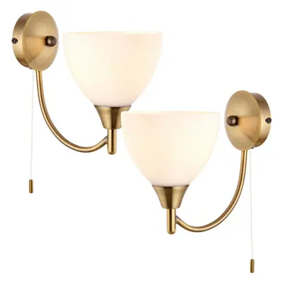 2 PACK Dimmable LED Wall Light Antique Brass & Frosted Glass Shade Curved Lamp