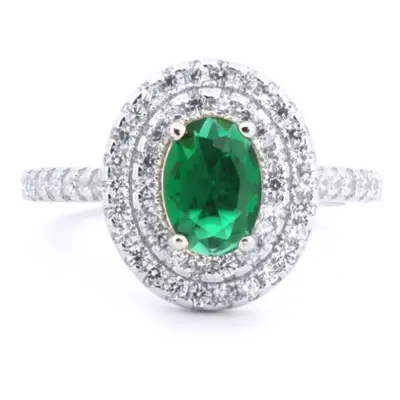 (K) Jewelco London Silver Rhodium CZ Set Oval Cluster Emerald Green Centre - ARN187G