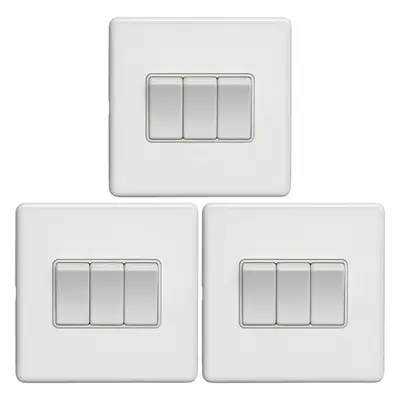 3 PACK Gang Triple Light Switch SCREWLESS MATT WHITE Way 10A Slim Rocker