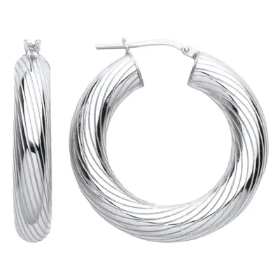 Jewelco London Ladies Rhodium Plated Sterling Silver Barked Hurricane Twist Hoop Earrings - ER12