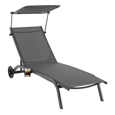 Patio Chaise Lounge Chair Heavy-Duty w/6-Level Canopy Cupholder&Wheels