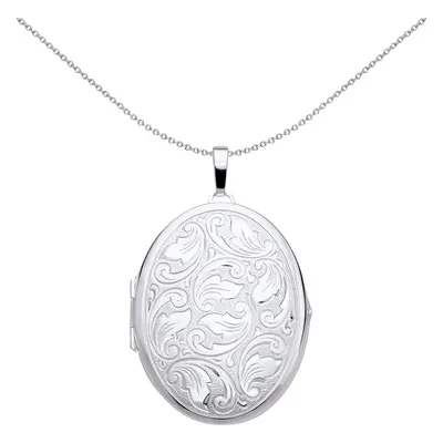 Jewelco London Ladies Rhodium Plated Sterling Silver Engraved Floral Filigree Oval Locket Pendan