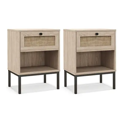 2 PCS Boho Style 2-Tier Bedside Table Compact End Table Wood Top Side Table Nightstand