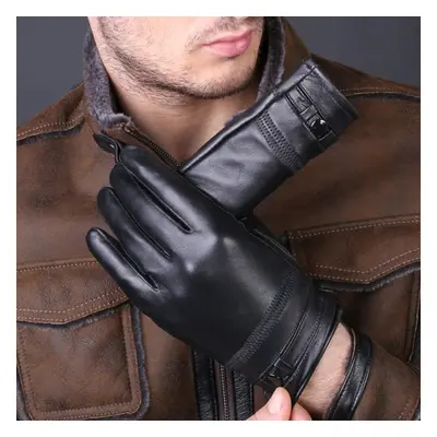 (Black, XL) Men Sheepskin Winter Warm Plus Velvet Thicken Full-finger Gloves Outdoor Windproof R