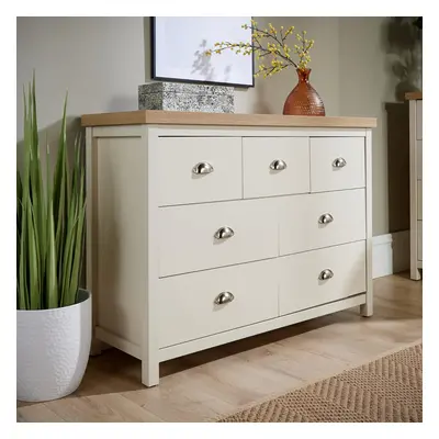 Wide Drawer Chest of Drawers Off White Oak Storage Metal Cup Handles