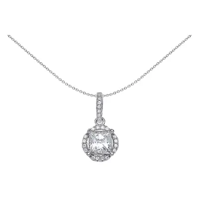 Jewelco London Ladies Sterling Silver Princess Cut Cubic Zirconia Halo Pendant Necklace inch - G