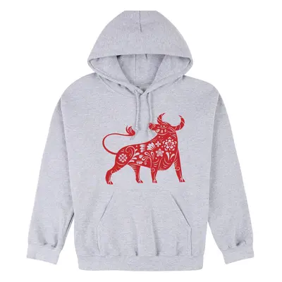 (3XL) Chinese Zodiac New Year OX Bull Cow Animal Grey Hooded Sweater Mens Hoodie