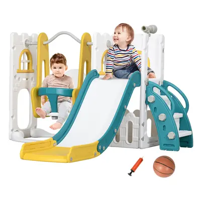 AIYAPLAY 6-in-1 Toddler Climber and Set w/ Basketball Hoop, Telescope Yellow