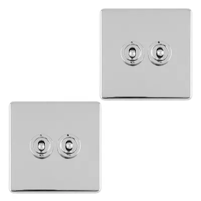 2 PACK Gang Double Retro Toggle Light Switch SCREWLESS CHROME 10A Way Plate