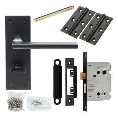 Door Handle & Bathroom Lock Pack Matt Black Straight Lever Turn Backplate