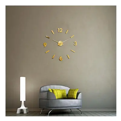 (Gold) 3D Wall Clock Modern Large Home Decor Sticker Frameless Black Mirror