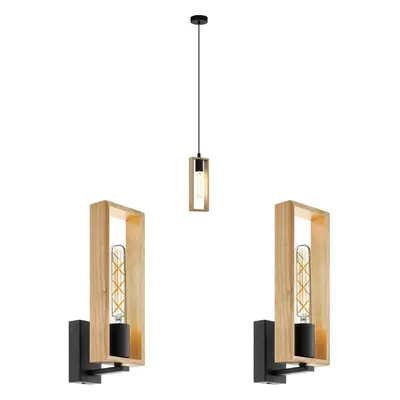 Ceiling Pendant Light & 2x Matching Wall Lights Black & Wood Box Modern Shade