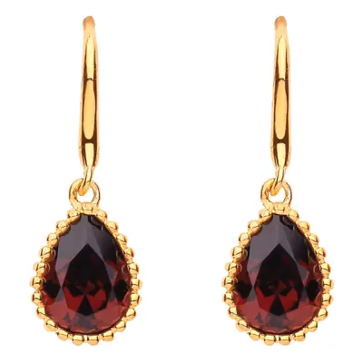 Jewelco London Ladies Gold-Plated Sterling Silver Garnet Pear CZ Bead Edge Solitaire Drop Earrin