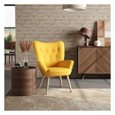 (Yellow) Buttoned Linen Armchair with Wooden Legs