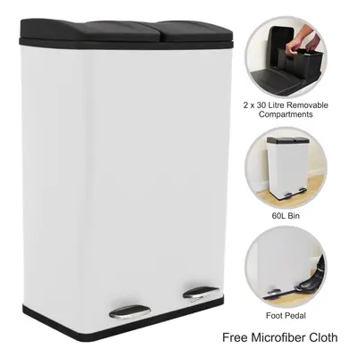 (White) Large Double Pedal Bin 60L Dual Rubbish Recycling Waste Dustbin