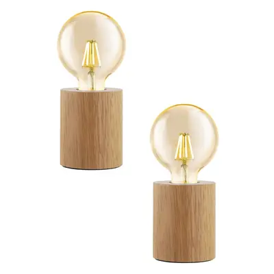 2 PACK Table Desk Lamp Simple Compact 1x Round Brown Wood Holder E27 28W