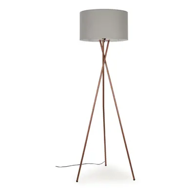 Modern Copper Metal Tripod Floor Lamp with a Pale Grey Cylinder Shade - Complete with a 6w LED B