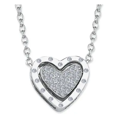 Jewelco London Rhodium Sterling Silver CZ Glitzy Frame Love Heart 1.1mm Pendant Necklace 16" + 1