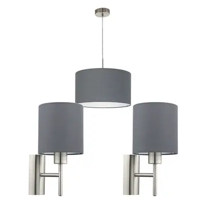 Ceiling Pendant Light & 2x Matching Wall Lights Satin Nickel Grey Fabric Shade