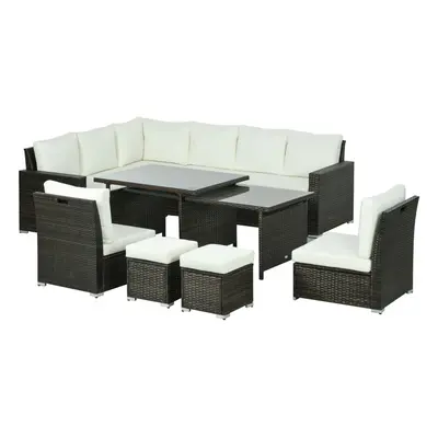 Outsunny 10-Seater Sofa Sectional w/ Cushioned Seat, Footstools and Glass Table