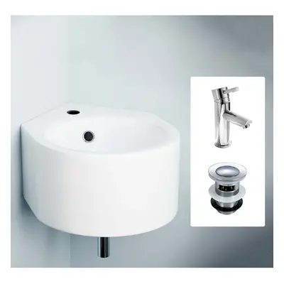 Corner Wall Hung x 435mm Basin, Round Mini Mixer Tap & Basin Waste