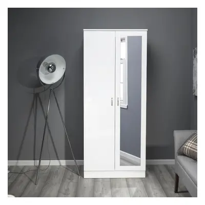 (White) FWStyle Chilton Door Mirrored Gloss Wardrobe