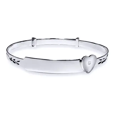 Jewelco London Girls Solid Sterling Silver Diamond Heart ID Expanding Baby Bangle Bracelet 3mm -