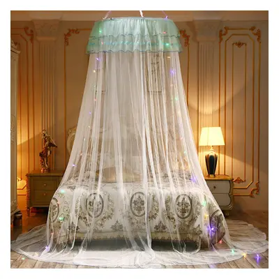 (White) Mosquito Net Bedding Lace LED Light Princess Dome Mesh Bed Canopy Bedroom Decor