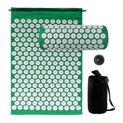 (Green) Acupressure Mat and Pillow Set with Spiky Massage Ball Carry Bag for Back Neck Pain Stre