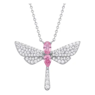 Jewelco London Ladies Rhodium Plated Sterling Silver Pink Pear Oval CZ Soaring Dragonfly Lavalie