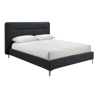 (Charcoal, King) Finn Modern Fabric Bed - Overhanging Headboard - Sprung Slatted Base