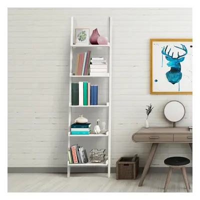 5 Tier Wooden Leaning Ladder Shelf Unit Bookcase Display Wall Rack