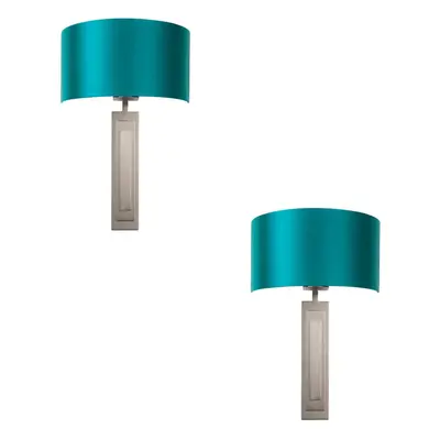 2 PACK Brushed Bronze Plated Wall Light & Teal Satin Half Shade - Bulb Lamp