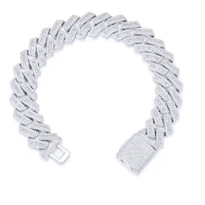 Jewelco London Men's Rhodium Silver White Baguette CZ Encrusted Square Curb 16mm Chain Bracelet 