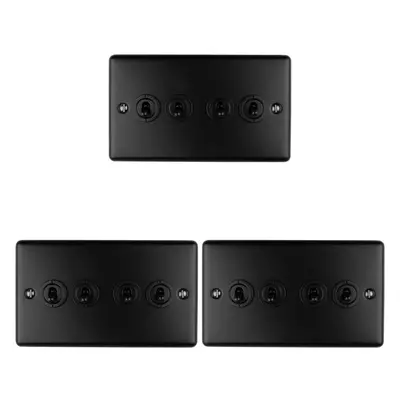 3 PACK Gang Quad Retro Toggle Light Switch MATT BLACK 10A Way Plate