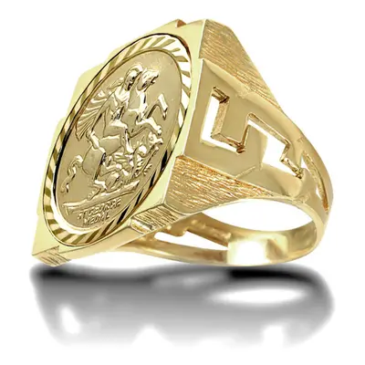 (X) Jewelco London Men's Solid 9ct Gold Curb Links Square St George & Dragon Medallion Ring (Hal