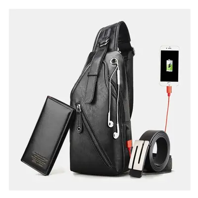 (Black 005) 3PCS Men Chest Bag Wallet Belt Set Casual Multifunction Wear- Resistant Crossbody Sh