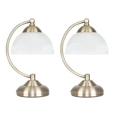 Pair of - Curved Antique Brass & Frosted Glass Bedside Table Lamps- Complete with 4w LED Bulbs [