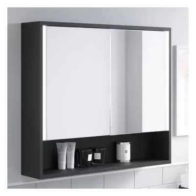 Bathroom Mirror Cabinet LED Wall Mounted 700x800mm Black Demister Shaver Storage